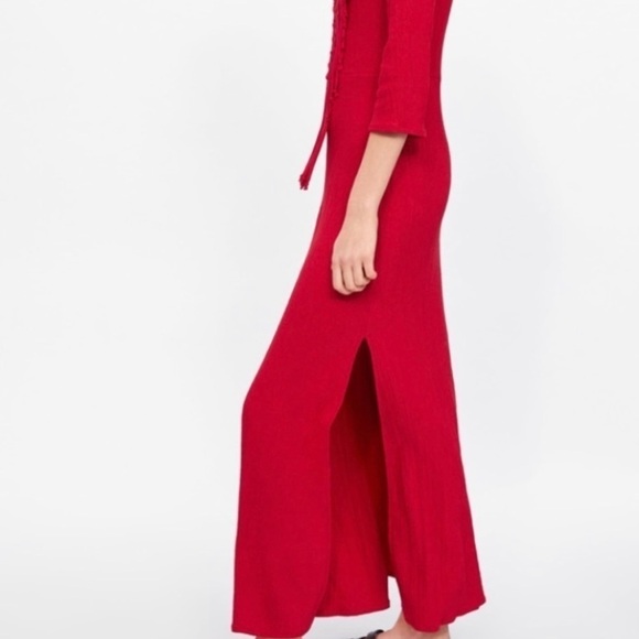 ZARA Women's Red Crochet Knotted Bib Maxi Dress 3/4 Sleeve Sz S - Picture 10 of 10